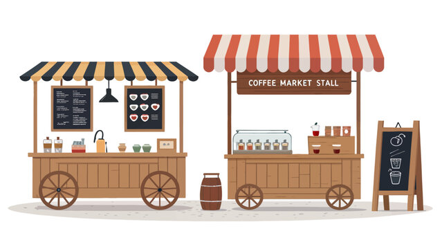 Vector illustration of two wooden coffee market stalls with striped awnings and chalkboard menus on wheels