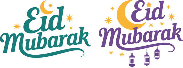 Obraz premium Eid Mubarak typography vector set with crescent moon, stars, and hanging lanterns for Islamic festival celebration
