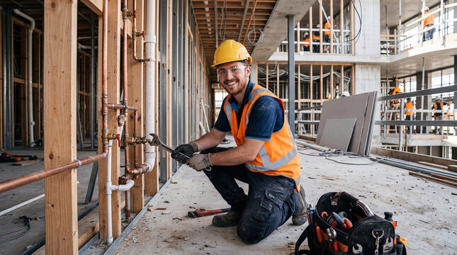 Giovane idraulico sorridente mentre lavora in un cantiere edile