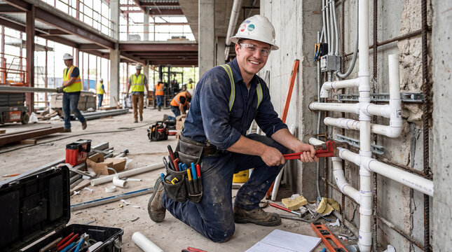 Giovane idraulico sorridente mentre lavora in un cantiere edile
