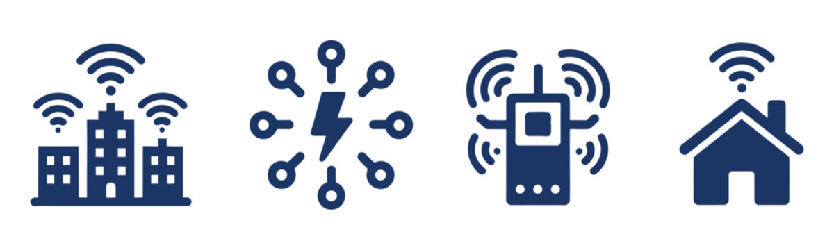 Smart city system icon set, IoT infrastructure connectivity and monitoring symbols, urban technology network elements, digital city management concept, modern solid