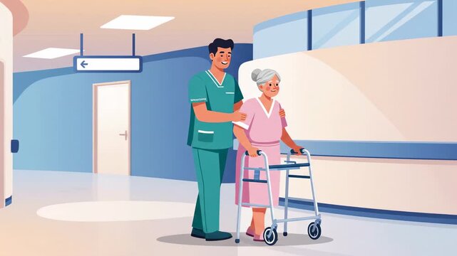 Cartoon nurse helping senior woman with walker in hospital corridor promoting rehabilitation and caregiving concepts illustrating healthcare support