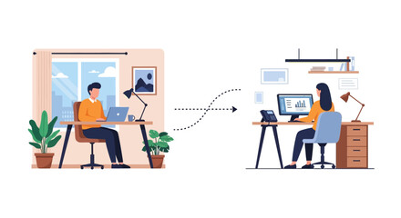 Fototapeta premium Hybrid Work Model Illustration: Connecting Remote Home Office and Traditional Workspace