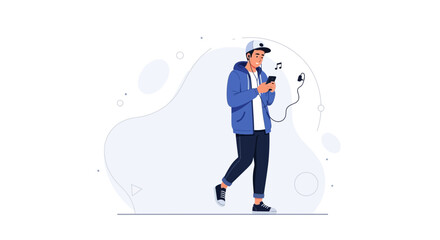 Fototapeta premium Young man listening to music on smartphone while walking, modern illustration