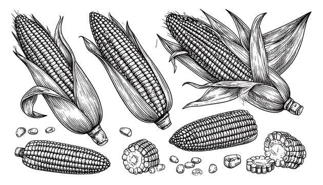 Detailed line art illustration of corn cobs and kernels