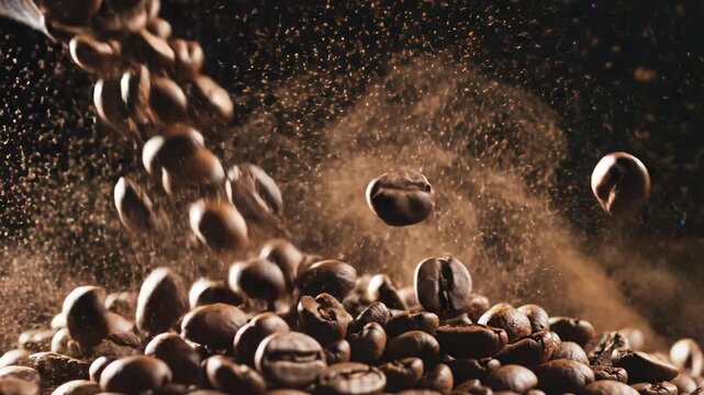 Dark Roasted Coffee Beans Pouring into Pile