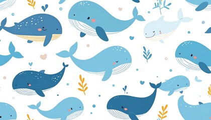 Fototapeta premium Cute whale pattern on white background