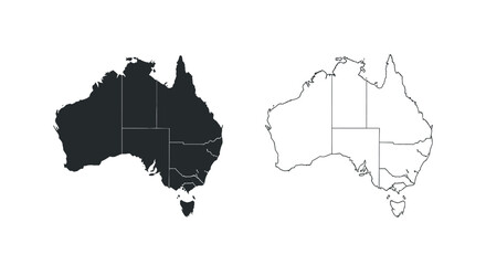 Obraz premium Two maps of Australia, one solid black and one outline, showing states and territories.