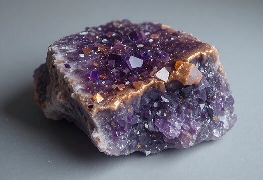 A close-up view of a rough, multicolored mineral specimen with metallic sheen. ametrine