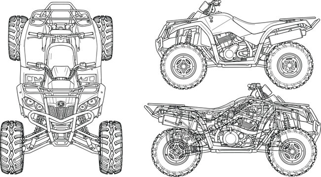 All terrain vehicle ATV detailed line art illustration showing front and side views with mechanical structure, off road quad bike technical drawing isolated