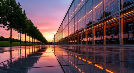 Obraz premium Long modern glass building reflecting vibrant sunset colors & trees on a wet, paved surface