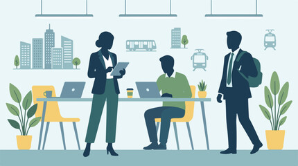 Fototapeta premium Professionals working in a modern office with urban transport background