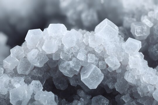 A close-up of many small cubic salt crystals in an abstract pattern, the crystals are white and look like jewels