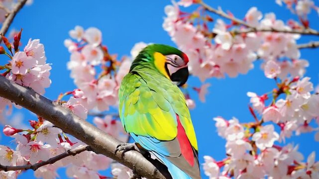 Vibrant Scarlet Macaw Parrot on Cherry Blossom Branch in Spring Sunshine