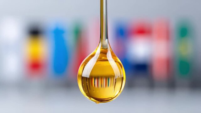 Opec response robust supply fed policy concept with yellow oil drop closeup reflecting colorful liquid background and market