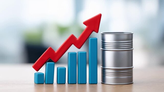 OPEC response to robust supply and Fed policy impact shown by rising red arrow, blue bar chart, oil barrel increase