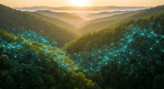 Lush green hills and valleys are networked with digital lines under a warm, rising sun