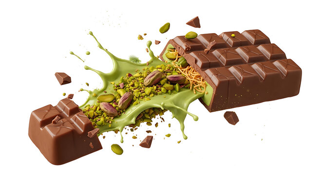 A gourmet milk chocolate bar filled with a creamy pistachio paste and crunchy toasted kunafa bits isolated on transparent background