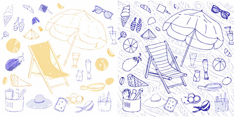 Fototapeta premium Summer doodles beach umbrellas chairs and treats in blue and yellow