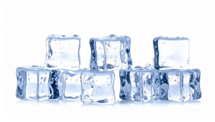 Obraz premium realistic photo of transparent ice cubes stacked together isolated on pure white background, macro photography, sharp detail, 8k