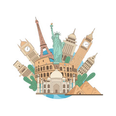 Naklejka premium Famous Landmarks Collage: Travel Around the World Collection
