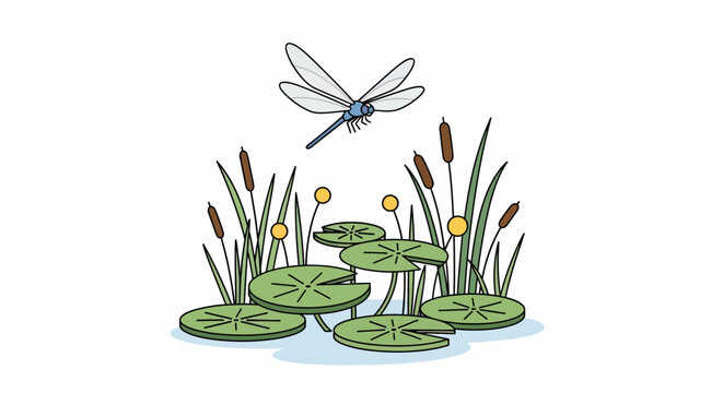 Dragonfly over lily pads.