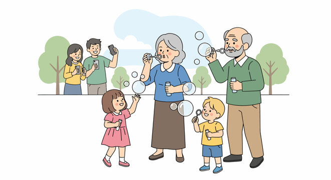 Family Blowing Bubbles Outdoors.