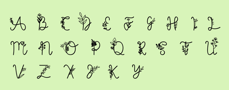 Floral cursive alphabet vector set. Elegant hand-drawn uppercase letters with botanical ornaments, leaves, and flowers on a green background. Creative typography for wedding and nature designs
