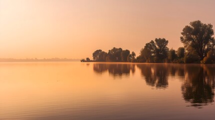 Obraz premium Atmospheric warm humid haze over a lake at sunset with glowing golden water reflections