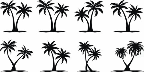 Silhouetted palm trees in varying shapes and sizes against a white background © RanjanKumar