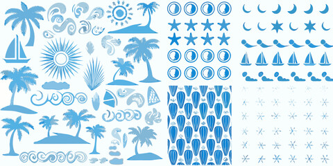 Tropical themed illustrations palm trees suns sailboats and ocean elements © RanjanKumar