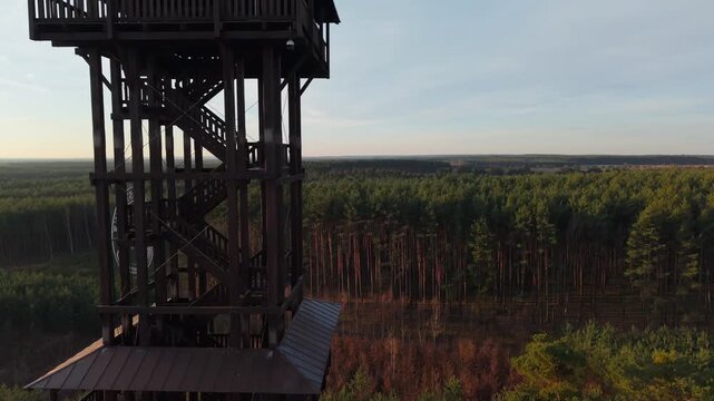 Aerial drone footage of a wooden observation tower surrounded by forest with a lake in the background at sunrise, warm morning light, peaceful nature landscape.