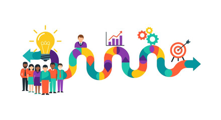Fototapeta premium Team Collaboration Journey to Success: Diverse Business Group Progressing from Idea to Goal Achievement with Strategy & Growth Metrics