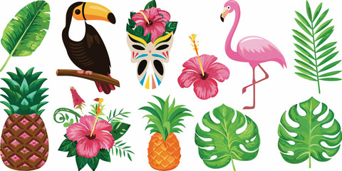 Fototapeta premium Tropical illustration featuring toucans flamingos and lush botanical elements