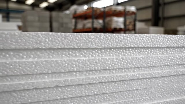 Stack of white expanded polystyrene (EPS) foam insulation boards in a construction warehouse