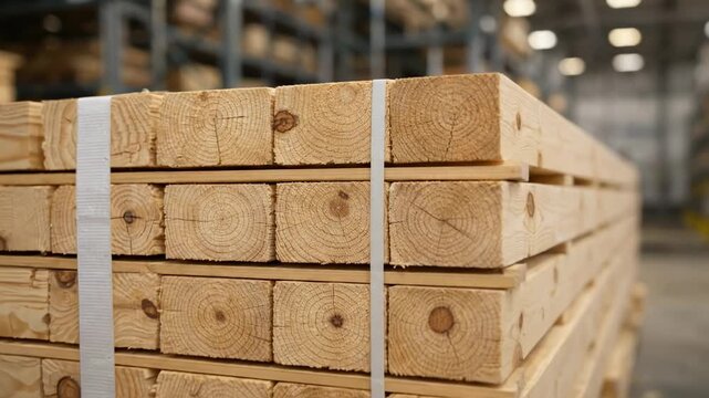 Stack of raw wooden beams and timber bundled with strapping band in an industrial warehouse