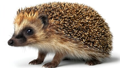 Obraz premium A close-up of a cute hedgehog with detailed spines. It has dark, beady eyes and a small, wet nose. The hedgehog’s fur is a mix of brown and beige, set against a clean white background. Focus is sharp,