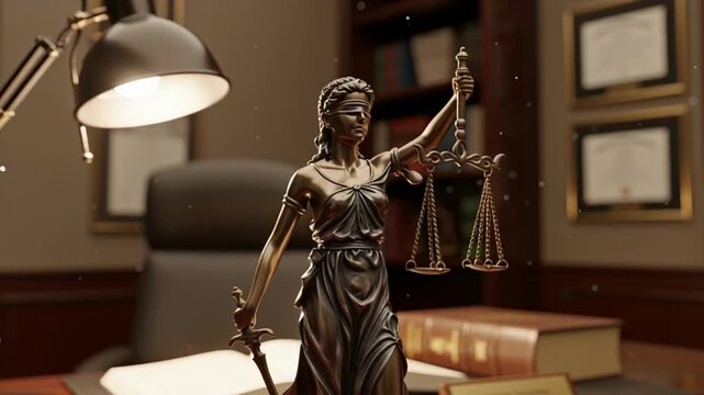 Themis statue on a desk in a law office