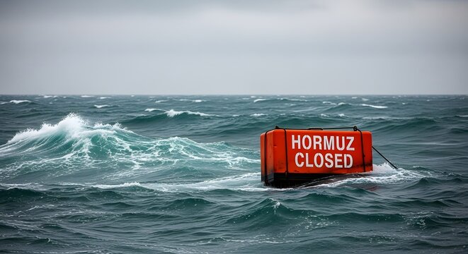 Strait of hormuz closed sign on buoy floating in rough ocean waves