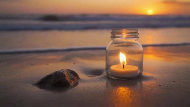 A lit candle in a glass jar on a sandy beach at sunset with ocean waves in the background, creating a peaceful and reflective atmosphere.