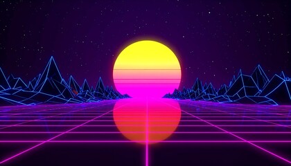 Retro scene with grid ground, stylized mountains, and bright, rising sun in a purple, star-filled sky