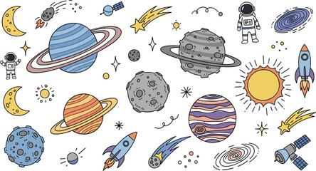 Space Astronomy Doodle Icon Set Featuring Planets, Saturn, Sun, Moon, Rocket, Astronaut, Satellite, Asteroids, Comets, and Galaxy for Science Education Designs. © MdNazmul