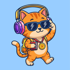 Fototapeta premium Cute Cartoon Cat Student Walking with Headphones and Backpack