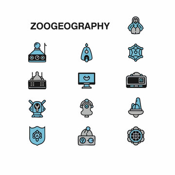 A collection of stylized, flat design icons representing zoogeography concepts and scientific research equipment.