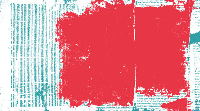Textured red paint splash over distressed teal newspaper print background abstract grunge