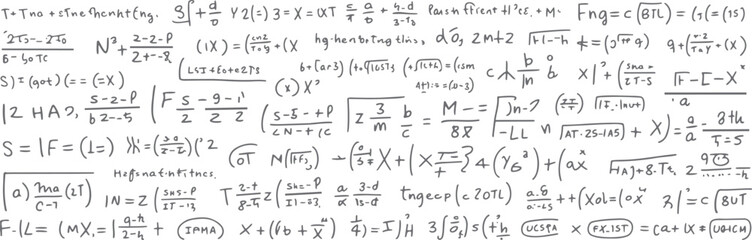 Fototapeta premium Handwritten mathematical equations and formulas on a white background with gray scribbled text and symbols