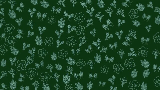 This vibrant seamless floral pattern features tiny leaf and blossom outlines on a rich green background, ideal for textile, fabric, and decorative design projects.