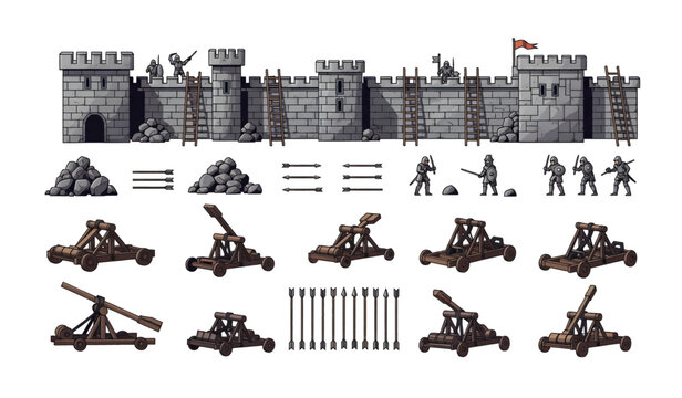 Collection of Medieval Catapult Siege Weapons Illustration.