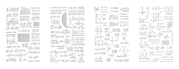 Fototapeta premium Hand drawn mathematical equations and graphs on white paper mathematics formulas algebra