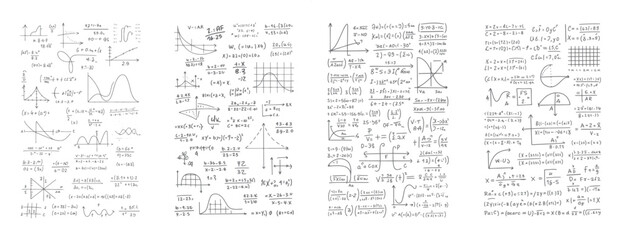Fototapeta premium Hand drawn mathematical equations graphs and diagrams on white paper with handwritten formulas and calculations